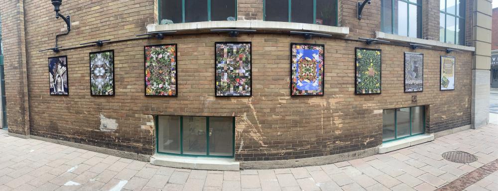 8 digital collage images in a row, all vertical orientation, in black metal frames on the facade of a brick building shot in wide angle
