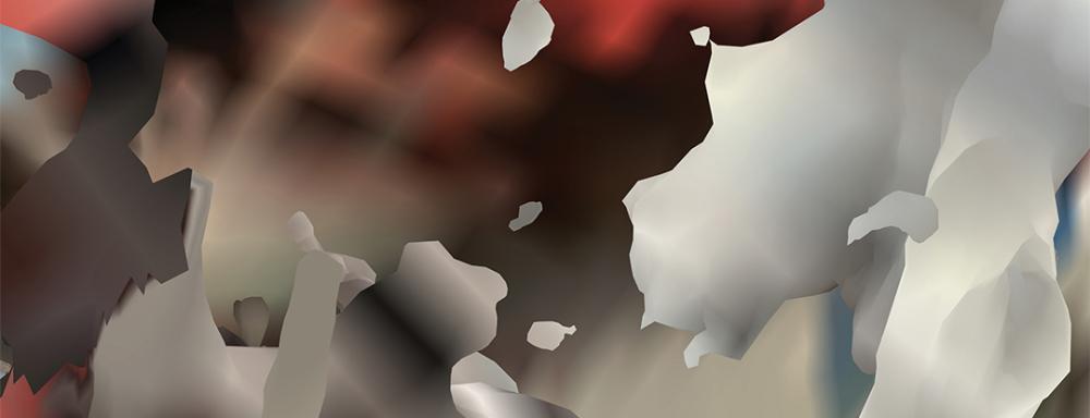 Digitally glitched image depicting freeform and overlapping shapes in red, blue, green, and shades of grey