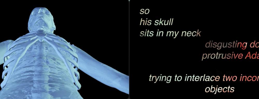 3D digital scan of human body in blue with a black background next to a caption