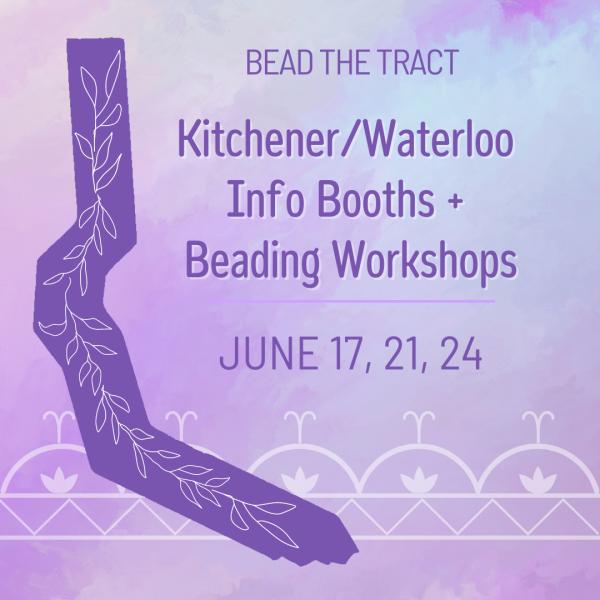 Purple info-graphic containing information about the Bead the Tract Workshop and Info booths.
