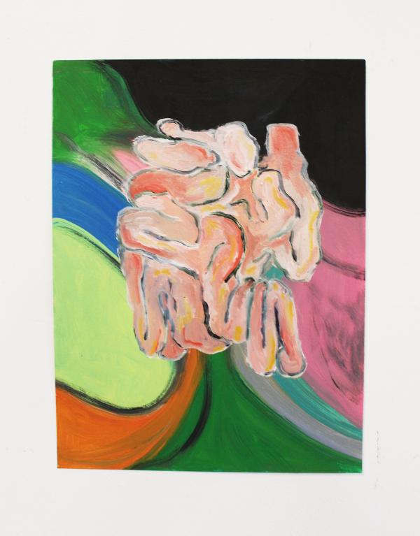 A painting of a square of pink squirming intestines