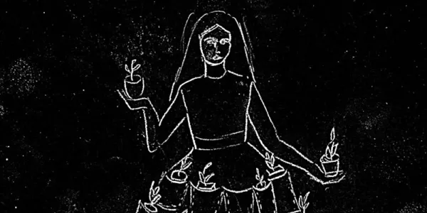 Image of drawing of lady holding flower pots