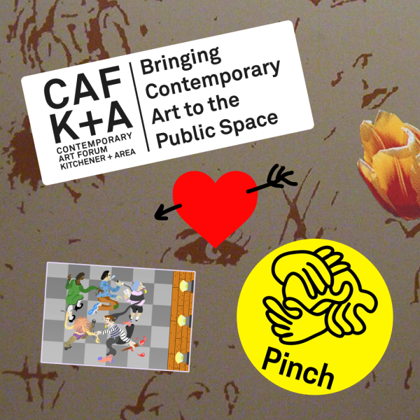 Stickers on a scratched bathroom stall wall. One says "CAFKA, Bringing Contemporary Art to the Public Space" another shows dancers frolicking on a grey checkered floor. A yellow circle shows tangled hands holding one another and the word Pinch. An orange tulip peeks out above. At the centre, a red heart is punctuated by a black doodled arrow.