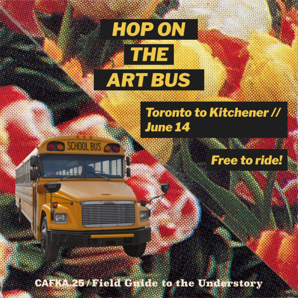 A yellow school bus on top of a tiled close-up image, split diagonally, of yellow and red-white tulips.