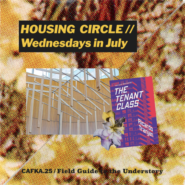Image of an artwork made of steel beams and muslin shaped like wood planks, arranged in the shape of a house and suspended from the ceiling. Underneath this image is a blurry image of daisies. The title above the image reads Housing Circle // Wednesdays in July.