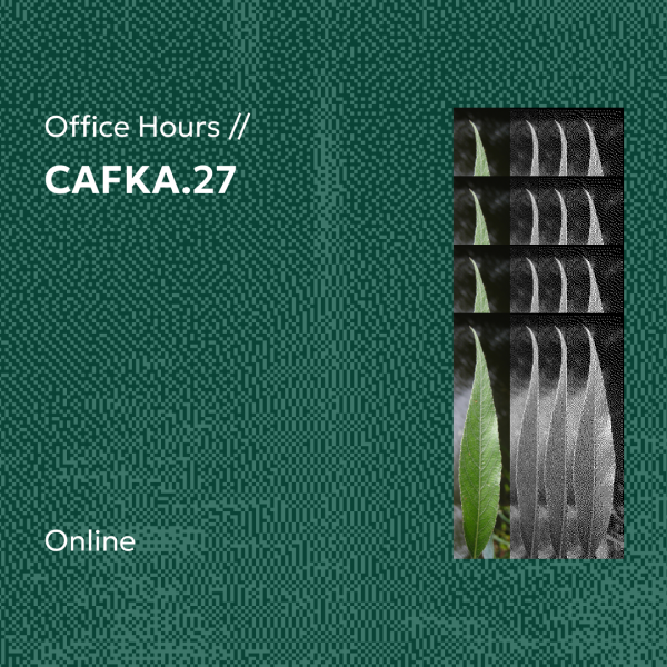 Pixelated image of water the colour of deep hunter green, accompanied by pixelated images of willow leaves in black and white and colour. White text overlayed reads Office Hours // CAFKA.27 and Online..