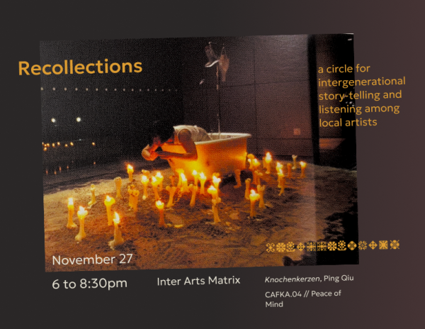 Image of bone candles burning atop sand, with an artist in a clawfoot bathtub, IV bags hanging behind.