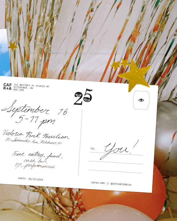 gold streamers, star stickers, and balloons, with a postcard birthday party invitation overlaid