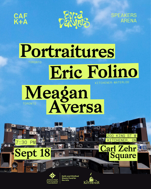 Blue sky and sculpture made from loudspeakers. Black serif text overlaid with a bright yellow-green highlight announces three performers.